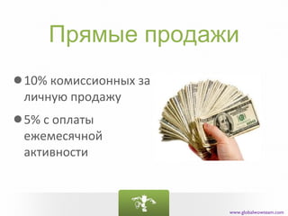 Прямые продажи
•10% комиссионных за
 личную продажу
•5% с оплаты
 ежемесячной
 активности



                       www.globalwowteam.com
 