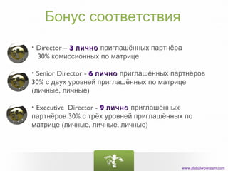 Бонус соответствия
• Director – 3 лично приглашённых партнёра
  30% комиссионных по матрице

• Senior Director - 6 лично приглашённых партнёров
30% с двух уровней приглашённых по матрице
(личные, личные)

• Executive Director - 9 лично приглашённых
партнёров 30% с трёх уровней приглашённых по
матрице (личные, личные, личные)




                                           www.globalwowteam.com
 