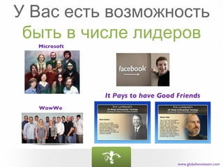 У Вас есть возможность
 быть в числе лидеров
  Microsoft




              It Pays to have Good Friends
  WowWe




                                   www.globalwowteam.com
 