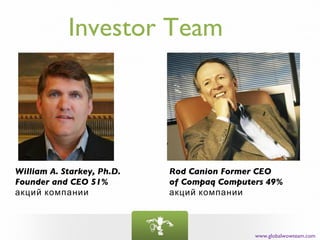 Investor Team




William A. Starkey, Ph.D.   Rod Canion Former CEO
Founder and CEO 51%         of Compaq Computers 49%
акций компании              акций компании



                                             www.globalwowteam.com
 