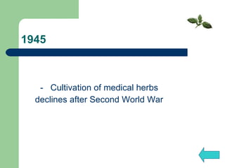 1945         -  Cultivation of medical herbs declines after Second World War   
