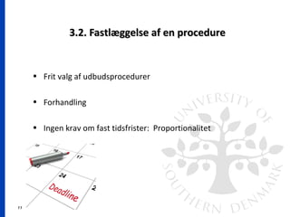 11
3.2. Fastlæggelse af en procedure3.2. Fastlæggelse af en procedure
• Frit valg af udbudsprocedurer
• Forhandling
• Ingen krav om fast tidsfrister: Proportionalitet
 