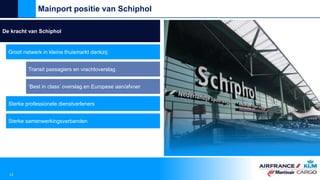 De kracht van Schiphol
Groot netwerk in kleine thuismarkt dankzij:
Sterke professionele dienstverleners
Sterke samenwerkingsverbanden
Transit passagiers en vrachtoverslag
Mainport positie van Schiphol
12
‘Best in class’ overslag en Europese aan/afvoer
 