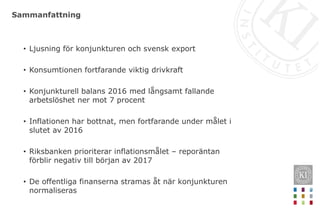 Sammanfattning
• Ljusning för konjunkturen och svensk export
• Konsumtionen fortfarande viktig drivkraft
• Konjunkturell balans 2016 med långsamt fallande
arbetslöshet ner mot 7 procent
• Inflationen har bottnat, men fortfarande under målet i
slutet av 2016
• Riksbanken prioriterar inflationsmålet – reporäntan
förblir negativ till början av 2017
• De offentliga finanserna stramas åt när konjunkturen
normaliseras
 
