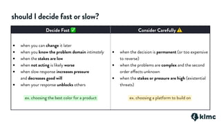 Decide Fast ✅ Consider Carefully ⚠
• when you can change it later
• when you know the problem domain intimately
• when the stakes are low
• when not acting is likely worse
• when slow response increases pressure
and decreases good will
• when your response unblocks others
ex. choosing the best color for a product
• when the decision is permanent (or too expensive
to reverse)
• when the problems are complex and the second
order effects unknown
• when the stakes or pressure are high (existential
threats)
ex. choosing a platform to build on
should I decide fast or slow?
 