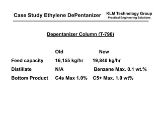 KLM Technology Group
Practical Engineering Solutions
Depentanizer Column (T-790)
Old New
Feed capacity 16,155 kg/hr 19,840 kg/hr
Distillate N/A Benzene Max. 0.1 wt.%
Bottom Product C4s Max 1.0% C5+ Max. 1.0 wt%
Case Study Ethylene DePentanizer
 