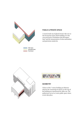 PUBLIC & PRIVATE SPACE
A mural made out of glazed mosaic tiles acts as
the focal point of the whole building. It is the
core portrayal of ‘Berbahasa Satu Bernegara
Satu’ and the interpretation of what nationalism
and patriotism stands for.
GEOMETRY
5 floors of the 7-storey building are libraries
whereas the remaining two floors on the top of
the building are repurposed for office use. The
auditorium serves as a semi-public space where
events take place.
 
