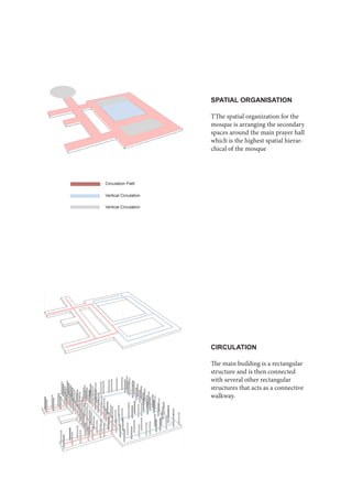 SPATIAL ORGANISATION
TThe spatial organization for the
mosque is arranging the secondary
spaces around the main prayer hall
which is the highest spatial hierar-
chical of the mosque
CIRCULATION
The main building is a rectangular
structure and is then connected
with several other rectangular
structures that acts as a connective
walkway.
Circulation Path
Vertical Circulation
Vertical Circulation
 