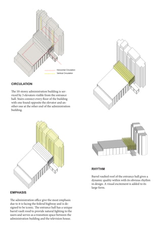 CIRCULATION
The 10-storey administration building is ser-
viced by 3 elevators visible from the entrance
hall. Stairs connect every floor of the building
with one found opposite the elevator and an-
other one at the other end of the administration
building.
Horizontal Circulation
Vertical Circulation
RHYTHM
Barrel vaulted roof of the entrance hall gives a
dynamic quality within with its obvious rhythm
in design. A visual excitement is added to its
large form.
EMPHASIS
The administration office give the most emphasis
due to it is facing the federal highway and is de-
signed to be iconic. The entrance hall has a unique
barrel vault rood to provide natural lighting to the
users and serves as a transition space between the
administration building and the television house.
 