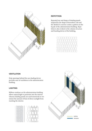 REPETITION
Repeated size and shape of shading panels
inspired by the shape of horseshoe crab and
the shield of a warrior creates a pattern on the
façade of the administration building. Repe-
tition is also evident in the column structure
and banding device of the building,
VENTILATION
Strip openings behind the sun shading device
provides ease of ventilation to the administration
building.
LIGHTING
Ribbon windows on the administration building
allows natural light to penetrate into the interior
whereas shading panels are used extensively to mi-
nimise the amount of heat of direct sunlight from
reaching the interior.
Lighting
Ventilation
 