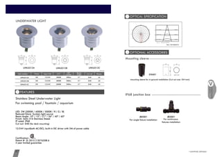 LIGHTING ARTISAN47 www.cowinlighting.com
UNDERWATER LIGHT
For swimming pool / fountain / aquarium
FEATURES
LED: 2W (3000K / 4000K / 5000K / R / G / B)
Reduced Glare: Sunken light source
Beam Angle: 10º / 15º / 21º / 36º / 40º / 60º
Finish: Satin 316 Stainless Steeel
IP rated: IP68
Cut out: D40 (for deck mounting)
12/24V input(both AC/DC), built-in DC driver with 2M of power cable
Certification:
Patent #: ZL 2015 2 0276208.6
3 year limited guarantee
Stainless Steel Underwater Light
65D4021°200lm3000K12/24V2WCW-UWL0312A
2W 65D4021°200lm3000K12/24VCW-UWL0312B
Item number Watts Input Volt CCT LED
Lumens
Beam
Angle Cut out Recess
2W 65D4021°200lm3000K12/24VCW-UWL0312C
OPTICAL SPECIFICATION
OPTIONAL ACCESSORIES
CW-UWL0312A
UNDERWATER
LIGHT
IP68 junction boxIP68 junction box
For single fixture installation
JB2001
For continuous
fixtures installation
JB3001
Mounting sleeve
mounting sleeve for in-ground installation (Cut out size: D41mm)
60
Unit: mm
41 41
STAS01
60
52 52
CW-UWL0312B CW-UWL0312C
60
52 52
60
52 52
Item: CW-UWL0312
0°
90°
±180°
-90°
-60°
-30°
60°
30°
-120°
-150°
120°
150°
154.90
309.80
464.70
619.60
774.50
154.90
309.80
464.70
619.60
774.50
1.0m
42.08cm774.5 , 566.0 lx
2.0m
84.16cm193.6 , 141.5 lx
3.0m
126.23cm86.1 , 62.9 lx
Max , Ave Beam angle of C0plane18.4
Unit: mm
 