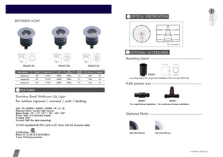 LIGHTING ARTISAN07 www.cowinlighting.com
RECESSED LIGHT
OPTICAL SPECIFICATION
OPTIONAL ACCESSORIES
IP68 junction boxIP68 junction box
For single fixture installation For continuous fixtures installation
JB2001 JB3001
Mounting sleeve
CW-WUL0312A
For outdoor inground / recessed / path / decking
LED: 2W (3000K / 4000K / 5000K / R / G / B)
Reduced Glare: Sunken light source
Beam Angle: 10º / 15º / 21º / 36º / 40º / 60º
Finish: Satin 316 Stainless Steeel
IP rated: IP67
Cut out: D40 (for deck mounting)
12/24V input(both AC/DC), built-in DC driver with 2M of power cable
Certification:
Patent #: ZL 2015 2 0276208.6
3 year limited guarantee
Stainless Steel Walkover Up Light
FEATURES
RECESSED
LIGHT
mounting sleeve for in-ground installation (Cut out size: D41mm)
60
Unit: mm
41 41
STAS01
65D4021°200lm3000K12/24V2WCW-WUL0312A
2W 65D4021°200lm3000K12/24VCW-WUL0312B
2W 65D4021°200lm3000K12/24VCW-WUL0312C
Item number Watts Input Volt CCT LED
Lumens
Beam
Angle Cut out Recess
60
52 52
CW-WUL0312CCW-WUL0312B
MB (Matt Black) MS (Matt Silver)
Optional FinishOptional Finish
60
52 52
60
52 52
Item: CW-WUL0312
0°
90°
±180°
-90°
-60°
-30°
60°
30°
-120°
-150°
120°
150°
154.90
309.80
464.70
619.60
774.50
154.90
309.80
464.70
619.60
774.50
1.0m
42.08cm774.5 , 566.0 lx
2.0m
84.16cm193.6 , 141.5 lx
3.0m
126.23cm86.1 , 62.9 lx
Max , Ave Beam angle of C0plane18.4
Unit: mm
 