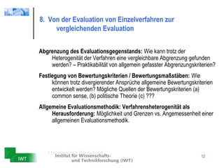 8. Von der Evaluation von Einzelverfahren zur
     vergleichenden Evaluation


Abgrenzung des Evaluationsgegenstands: Wie kann trotz der
    Heterogenität der Verfahren eine vergleichbare Abgrenzung gefunden
    werden? – Praktikabilität von allgemein gefasster Abgrenzungskriterien?
Festlegung von Bewertungskriterien / Bewertungsmaßstäben: Wie
     können trotz divergierender Ansprüche allgemeine Bewertungskriterien
     entwickelt werden? Mögliche Quellen der Bewertungskriterien (a)
     common sense, (b) politische Theorie (c) ???
Allgemeine Evaluationsmethodik: Verfahrensheterogenität als
     Herausforderung: Möglichkeit und Grenzen vs. Angemessenheit einer
     allgemeinen Evaluationsmethodik.




                                                                    12
 
