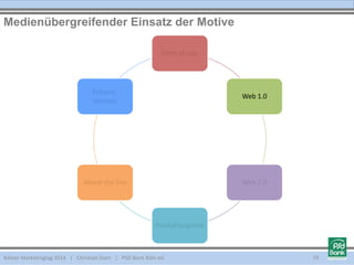 Kölner Marketingtag 2014 | Christian Dorn | PSD Bank Köln eG
Medienübergreifender Einsatz der Motive
19
Point of Sale
Web 1.0
Web 2.0
Produktangebot
Above the line
Präsenz-
termine
 