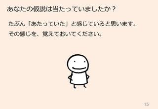 15	
あなたの仮説は当たっていましたか？
たぶん「あたっていた」と感じていると思います。
その感じを、覚えておいてください。
 
