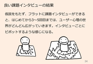 34	
良良い課題インタビューの結果
仮説をもたず、フラットに課題インタビューができる
と、はじめてから3〜～5回⽬目までは、ユーザー⼼心理理の世
界がどんどん広がっていきます。インタビューごとに
ピボットするような感じになる。
 