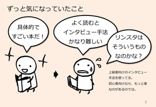 7	
ずっと気になっていたこと
具体的で
すごい本だ！
よく読むと
インタビュー⼿手法
かなり難しい
リンスタは
そういうもの
なのかな？
上級者向けのインタビュー
⼿手法を使ってる。
初⼼心者向けなら、もっと楽
なのがあるのでは。
 