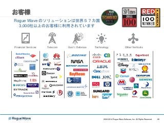 282002-2014 Rogue Wave Software, Inc. All Rights Reserved. 282002-2014 Rogue Wave Software, Inc. All Rights Reserved.
Financial Services Telecom Gov’t / Defense Technology Other Verticals
お客様
Rogue Wave のソリューションは世界５７カ国
3,000社以上のお客様に利用されています
 