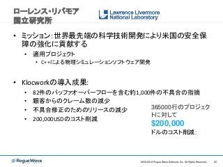 322002-2014 Rogue Wave Software, Inc. All Rights Reserved. 322002-2014 Rogue Wave Software, Inc. All Rights Reserved.
ローレンス・リバモア
国立研究所
• ミッション：世界最先端の科学技術開発により米国の安全保
障の強化に貢献する
• 適用プロジェクト
• C++による物理シミュレーションソフトウェア開発
• Klocworkの導入成果:
• 82件のバッファオーバーフローを含む約1,000件の不具合の指摘
• 顧客からのクレーム数の減少
• 不具合修正のためのリリースの減少
• 200,000USDのコスト削減
365000行のプロジェク
トに対して
$200,000
ドルのコスト削減：
 