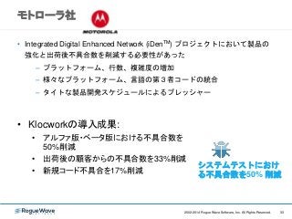 332002-2014 Rogue Wave Software, Inc. All Rights Reserved. 332002-2014 Rogue Wave Software, Inc. All Rights Reserved.
モトローラ社
• Integrated Digital Enhanced Network (iDenTM) プロジェクトにおいて製品の
強化と出荷後不具合数を削減する必要性があった
– プラットフォーム、行数、複雑度の増加
– 様々なプラットフォーム、言語の第３者コードの統合
– タイトな製品開発スケジュールによるプレッシャー
• Klocworkの導入成果:
• アルファ版・ベータ版における不具合数を
50%削減
• 出荷後の顧客からの不具合数を33%削減
• 新規コード不具合を17%削減
システムテストにおけ
る不具合数を50% 削減
 