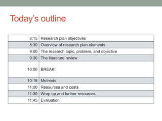 Today’s outline
8:15 Research plan objectives
8:30 Overview of research plan elements
9:00 The research topic, problem, and objective
9:30 The literature review
10:00 BREAK!
10:15 Methods
11:00 Resources and costs
11:30 Wrap up and further resources
11:45 Evaluation
 