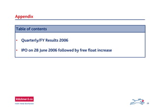 28
Table of contents
Appendix
• Quarterly/FY Results 2006
• IPO on 28 June 2006 followed by free float increase
 