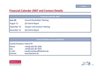 23
Financial Calendar 2007 and Contact Details
Contact Details Investor Relations
Claudia Nickolaus, Head of IR
Phone: +49 (0) 203 307 2050
Fax: +49 (0) 203 307 5025
E-mail: claudia.nickolaus@kloeckner.de
Internet: www.kloeckner.de
Contact
Financial Calendar 2007
June 20: General Shareholders’ Meeting
August 15: Q2 Interim Report
September 19: Analysts’ and Investors’ Meeting
November 14: Q3 Interim Report
 