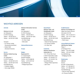 1514
Zentrale
Klöckner & Co AG
Am Silberpalais 1
D-47057 Duisburg
Telefon: +49 203 307-0
Telefax: +49 203 307-5000
Vorstand:
– Dr. Thomas Ludwig
(Vorstandsvorsitzender)
– Gisbert Rühl
(Vorstand Finanzen)
Service
Klöckner Global Sourcing
GmbH
Am Silberpalais 1
D-47057 Duisburg
Telefon: +49 203 307-2312
Telefax: +49 203 307-5310
Geschäftsführung:
– Friedhelm Wagner
– Hans Jürgen Weißer
Klöckner Information Services
GmbH
Am Silberpalais 1
D-47057 Duisburg
Telefon: +49 203 307-0
Telefax: +49 203 307-5022
Geschäftsführung:
– Dr. Peter Chylla
– Ralf Jordan
Werkstoffdistribution
Europa
Belgien
Buysmetal N.V.
E 17 Industriepark
B-8530 Harelbeke
Telefon: +32 56 2680 80
Telefax: +32 56 2019 42
Geschäftsführung:
– Philippe Buysschaert
Deutschland
Klöckner Stahl- und
Metallhandel GmbH
Am Silberpalais 1
D-47057 Duisburg
Telefon: +49 203 307-0
Telefax: +49 203 307-5245
Geschäftsführung:
– Henk de Hullu (Sprecher)
– Dr. Thomas Troullidis
– Dr. Oliver Falk
Frankreich
Klöckner Distribution
Industrielle S.A.
173–179, bd Félix-Faure
F-93537 Aubervilliers Cedex
Telefon: +33 148 397 777
Telefax: +33 148 397 778
Geschäftsführung:
– Philippe Muller (Sprecher)
– Jean Coeur
Großbritannien
Klöckner UK Holdings Ltd.
Valley Farm Road, Stourton
GB-Leeds LS10 1SD
Telefon: +44 113 254 0711
Telefax: +44 113 271 3525
Geschäftsführung:
– Martin Joyce
Litauen/Baltische Staaten
UAB Klockner Baltija
Tekeju 7
LT-Kretinga, 97123
Telefon: +370 445 76580
Telefax: +370 445 76582
Geschäftsführung:
– Wolfgang Duschek
Niederlande
ODS B.V.
Donk 6
NL-2991 LE Barendrecht
Telefon: +31 180 640 911
Telefax: +31 180 640 275
Geschäftsführung:
– Henk de Hullu (Sprecher)
– Dr. Thomas Troullidis
WICHTIGE ADRESSEN
 