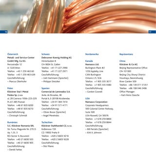 1716
Österreich
Metall- und Service-Center
GmbH Nfg. Co KG
Percostraße 12
A-1220 Wien
Telefon: +43 1 259 463 60
Telefax: +43 1 259 463 639
Geschäftsführung:
– Marcus Oberhofer
Polen
Klöckner Stal i Metal
Polska Sp. z o.o.
ul. 28 Czerwca 1956r 223-229
PL-61-485 Poznan
Telefon: +48 61 835 8200
Telefax: +48 61 835 8210
Geschäftsführung:
– Christoph Schmidt
Rumänien
S.C. Klöckner Romania SRL
Str. Turnu Magurele Nr. 270 D
Ap. 1, Et. 3
RO-Sector 4, Bucuresti
Telefon: +40 21 6830 935
Telefax: +40 21 6830 905
Geschäftsführung:
– Daniel Farkas
Schweiz
Debrunner Koenig Holding AG
Hinterlauben 8
CH-9004 St. Gallen
Telefon: +41 71 227 2990
Telefax: +41 71 227 2971
Geschäftsführung:
– Ueli Hartmann (Sprecher)
– Philippe Dietziker
Spanien
Comercial de Laminados S.A.
Avda. de Bruselas, 38
Portal A, E-28108 Alcobendas
Telefon: +34 91 369 7410
Telefax: +34 91 571 4171
Geschäftsführung:
– Oliver Bosse (Sprecher)
– Angel Menéndez
Tschechien
Klöckner Stahlhandel CZ, s.r.o.
Kolbenova 159
CZ-19002 Praha 9
Telefon: +420 2 6603 9216
Telefax: +420 2 6603 9228
Geschäftsführung:
– Petr Mares
Nordamerika
Kanada
Namasco Ltd.
Burlington-Plant #2
1250 Appleby Line
CAN-Burlington
Ontario L7L 5G6
Telefon: +1 905 335 3017
Telefax: +1 905 335 9380
Geschäftsführung:
– Gordon Gosnell
USA
Namasco Corporation
Corporate Headquarters
500 Colonial Center Parkway,
Suite 500
USA-Roswell, GA 30076
Telefon: +1 678 259 8800
Telefax: +1 678 259 8844
Geschäftsführung:
– Bill Partalis (Sprecher)
– Kirk A. Johnson
Repräsentanz
China
Klöckner & Co AG
Beijing Representative Office
CN-101300
Beijing City Shunyi District
Houshayu, Baixinzhuang
River Garden 509
Telefon: +86 139 011 51351
Telefax: +86 108 046 2406
Office Manager:
– Karl-Heinz Stasche
 
