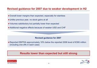 23
Revised guidance for 2007 due to weaker development in H2
 Overall lower margins than expected, especially for stainless
 Unlike previous year, no stock gains at all
 Volumes satisfactory but partially lower than expected
 Additional negative effects because of weaker USD and CHF
Revised guidance for 2007
 Reported EBITDA approximately 10% below the reported 2006 level of €395 million
(including one-offs in each case)
Results lower than expected but still strong
 