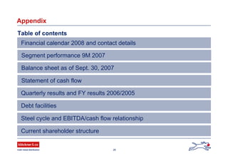 26
Appendix
Table of contents
Quarterly results and FY results 2006/2005
Steel cycle and EBITDA/cash flow relationship
Debt facilities
Current shareholder structure
Financial calendar 2008 and contact details
Segment performance 9M 2007
Balance sheet as of Sept. 30, 2007
Statement of cash flow
 