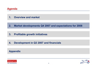 8
Agenda
2. Market developments Q4 2007 and expectations for 2008
4. Development in Q3 2007 and financials
Appendix
1. Overview and market
3. Profitable growth initiatives
 