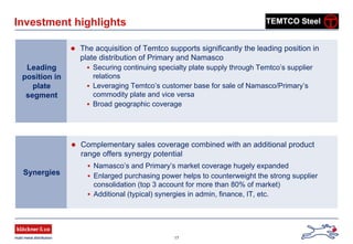 17
Investment highlights
Complementary sales coverage combined with an additional product
range offers synergy potential
Namasco’s and Primary’s market coverage hugely expanded
Enlarged purchasing power helps to counterweight the strong supplier
consolidation (top 3 account for more than 80% of market)
Additional (typical) synergies in admin, finance, IT, etc.
The acquisition of Temtco supports significantly the leading position in
plate distribution of Primary and Namasco
Securing continuing specialty plate supply through Temtco’s supplier
relations
Leveraging Temtco’s customer base for sale of Namasco/Primary’s
commodity plate and vice versa
Broad geographic coverage
Leading
position in
plate
segment
Synergies
 