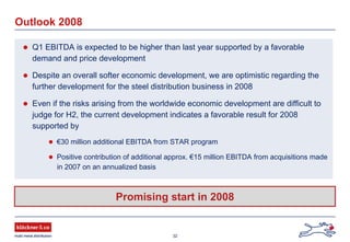 32
Outlook 2008
Q1 EBITDA is expected to be higher than last year supported by a favorable
demand and price development
Despite an overall softer economic development, we are optimistic regarding the
further development for the steel distribution business in 2008
Even if the risks arising from the worldwide economic development are difficult to
judge for H2, the current development indicates a favorable result for 2008
supported by
€30 million additional EBITDA from STAR program
Positive contribution of additional approx. €15 million EBITDA from acquisitions made
in 2007 on an annualized basis
Promising start in 2008
 