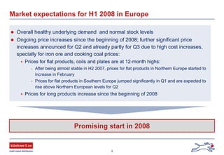 9
Market expectations for H1 2008 in Europe
Overall healthy underlying demand and normal stock levels
Ongoing price increases since the beginning of 2008; further significant price
increases announced for Q2 and already partly for Q3 due to high cost increases,
specially for iron ore and cooking coal prices:
Prices for flat products, coils and plates are at 12-month highs:
- After being almost stable in H2 2007, prices for flat products in Northern Europe started to
increase in February
- Prices for flat products in Southern Europe jumped significantly in Q1 and are expected to
rise above Northern European levels for Q2
Prices for long products increase since the beginning of 2008
Promising start in 2008
 