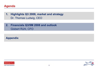 12
Agenda
1. Highlights Q3 2008, market and strategy
Dr. Thomas Ludwig, CEO
2. Financials Q3/9M 2008 and outlook
Gisbert Rühl, CFO
Appendix
 