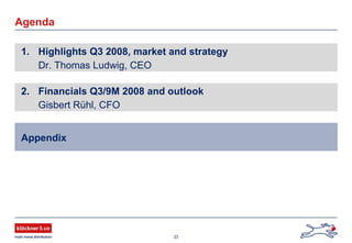 23
Agenda
1. Highlights Q3 2008, market and strategy
Dr. Thomas Ludwig, CEO
2. Financials Q3/9M 2008 and outlook
Gisbert Rühl, CFO
Appendix
 