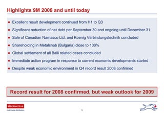 5
Record result for 2008 confirmed, but weak outlook for 2009
Highlights 9M 2008 and until today
Excellent result development continued from H1 to Q3
Significant reduction of net debt per September 30 and ongoing until December 31
Sale of Canadian Namasco Ltd. and Koenig Verbindungstechnik concluded
Shareholding in Metalsnab (Bulgaria) close to 100%
Global settlement of all Balli related cases concluded
Immediate action program in response to current economic developments started
Despite weak economic environment in Q4 record result 2008 confirmed
 