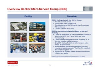 13
Overview Becker Stahl-Service Group (BSS)
OverviewFacility
BSS is the largest single site SSC in Europe
• Privately owned business
• ~€600 million sales in 2008/2009*
• Consistently higher EBITDA margin than Group target
• 460 employees
• Located in Bönen (Ruhr area)
BSS has a unique market position based on size and
flexibility
• Covers all applications up to 4 mm thickness supplying to
automotive OEM, Tier 1, white goods and other
manufacturing
• Cost leadership with significant scale advantage vs. all
EU SSC including mill tied locations
• Only SSC that has flexibility to deliver on short notice
almost all specifications
• Modern location with exceptional logistical concept –
recently completed expansion “Werk Nord” is most likely
the world leading SCC site
• BSS enjoys an excellent market reputation for flexibility,
reliability and quality
*preliminary figures business year ending in September subject to due diligence
 
