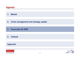 21
Agenda
1. Market
2. Crisis management and strategy update
Appendix
4. Outlook
3. Financials Q3 2009
 