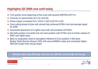 4
Results improving although volumes are still low, but through the trough
Highlights Q3 2009 and until today
First quarter since beginning of the crisis with positive EBITDA of €11m
Volumes on same levels as in Q1 and Q2
Gross margin increased from 16.8% in Q2 to 22.3% in Q3
Cost cutting ahead of plan with almost fully achieved €100m net cost savings target
for 2009
Successful placement of a rights issue with net proceeds of €193m
Net debt position converted into net cash position with €139m due to further release of
NWC and rights issue
Back on acquisition track to strengthen Klöckner & Co’s position in flat steel:
Becker Stahl-Service Group’s SSC with around €600m sales and constantly higher
EBITDA-margin than Group target
* Adjusted for inventory devaluations
 
