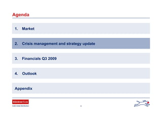 6
Agenda
1. Market
2. Crisis management and strategy update
Appendix
4. Outlook
3. Financials Q3 2009
 