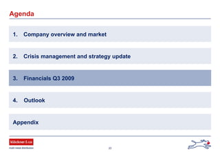 23
Agenda
1. Company overview and market
2. Crisis management and strategy update
Appendix
4. Outlook
3. Financials Q3 2009
 