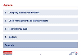 31
Agenda
1. Company overview and market
2. Crisis management and strategy update
Appendix
4. Outlook
3. Financials Q3 2009
 
