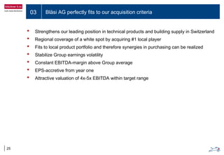 03 Bläsi AG perfectly fits to our acquisition criteria
25
• Strengthens our leading position in technical products and building supply in Switzerland
• Regional coverage of a white spot by acquiring #1 local player
• Fits to local product portfolio and therefore synergies in purchasing can be realized
• Stabilize Group earnings volatility
• Constant EBITDA-margin above Group average
• EPS-accretive from year one
• Attractive valuation of 4x-5x EBITDA within target range
 