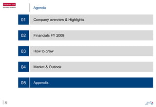 Agenda
Company overview & Highlights
Financials FY 2009
How to grow
Market & Outlook
Appendix
01
02
03
04
05
32
 