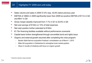 01 Highlights FY 2009 and until today
6
* Cartel fine reduction impact excluded
• Sales volume and sales in 2009 31.0% resp. 42.8% below previous year
• EBITDA of -€68m in 2009 significantly lower than 2008 but positive EBITDA of €11m in Q3
and €6m* in Q4
• Gross margin steadily improved from 7.1% in Q1 to 22.6% in Q4
• Net cost savings of €134m or 14% of total expenses
• Net cash position further extended to €150m
• €1.7bn financing facilities available without performance covenants
• Capital basis further strengthened through convertible bond and rights issue
• Organic and external growth resumed after completing the crisis program:
• Becker Stahl-Service acquisition finalized: consolidation as of March 1, 2010
• Bläsi AG acquisition in Switzerland to strengthen local market position
• Wave 3: bundle of initiatives with focus on organic growth
 
