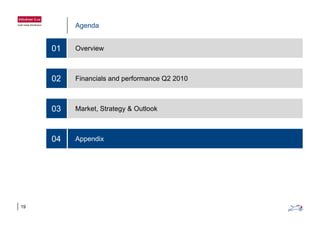 Agenda
Overview01
Financials and performance Q2 201002
Market, Strategy & Outlook03
Appendix04 Appendix04
19
 