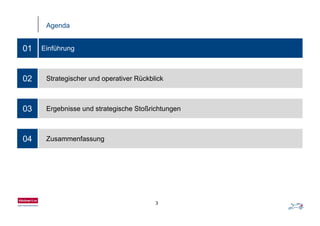 Agenda
Einführung01
Strategischer und operativer Rückblick02
Ergebnisse und strategische Stoßrichtungen03
Zusammenfassung04 Zusammenfassung04
3
 