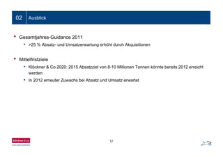 12
02 Ausblick
• Gesamtjahres-Guidance 2011
• >25 % Absatz- und Umsatzerwartung erhöht durch Akquisitionen
• Mittelfristziele
• Klöckner & Co 2020: 2015 Absatzziel von 8-10 Millionen Tonnen könnte bereits 2012 erreicht
werden
• In 2012 erneuter Zuwachs bei Absatz und Umsatz erwartet
 